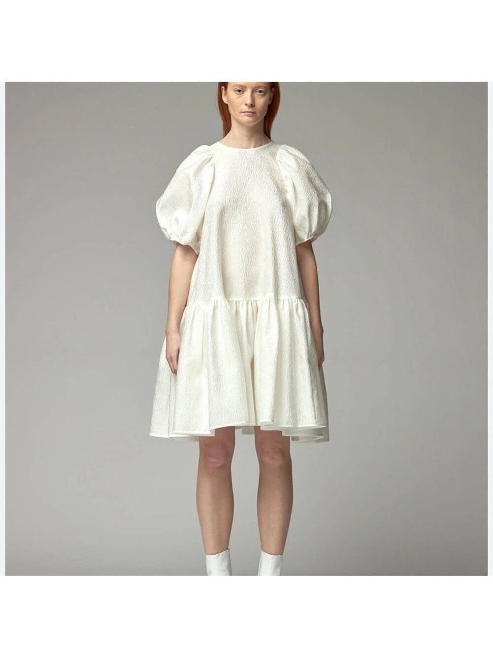 House of Chic oversized White embossed Puff Sleeve Dress size small Very